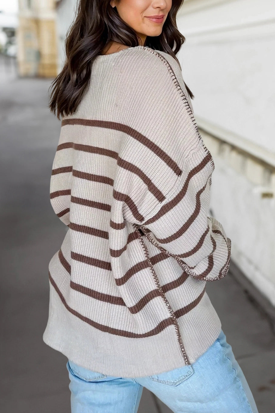 Stripe Henley Neck Long Sleeve Sweater