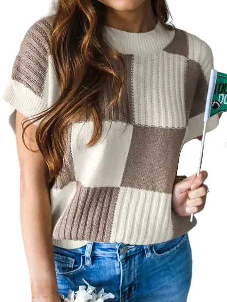 Khaki Checkered Short Sleeve Sweater