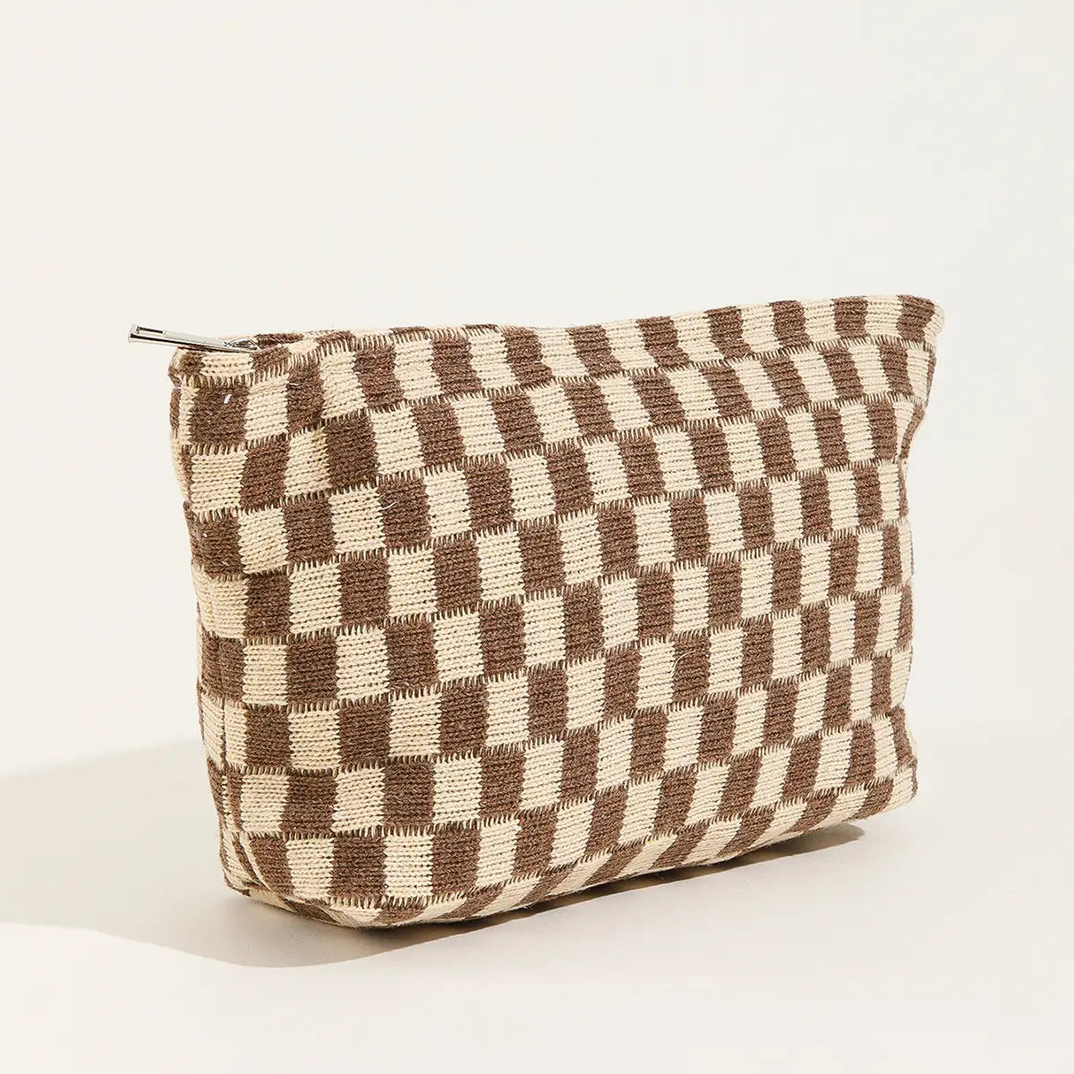 Brown Large Checkered Cosmetic Bag