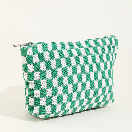 Green Large Checkered Cosmetic Bag