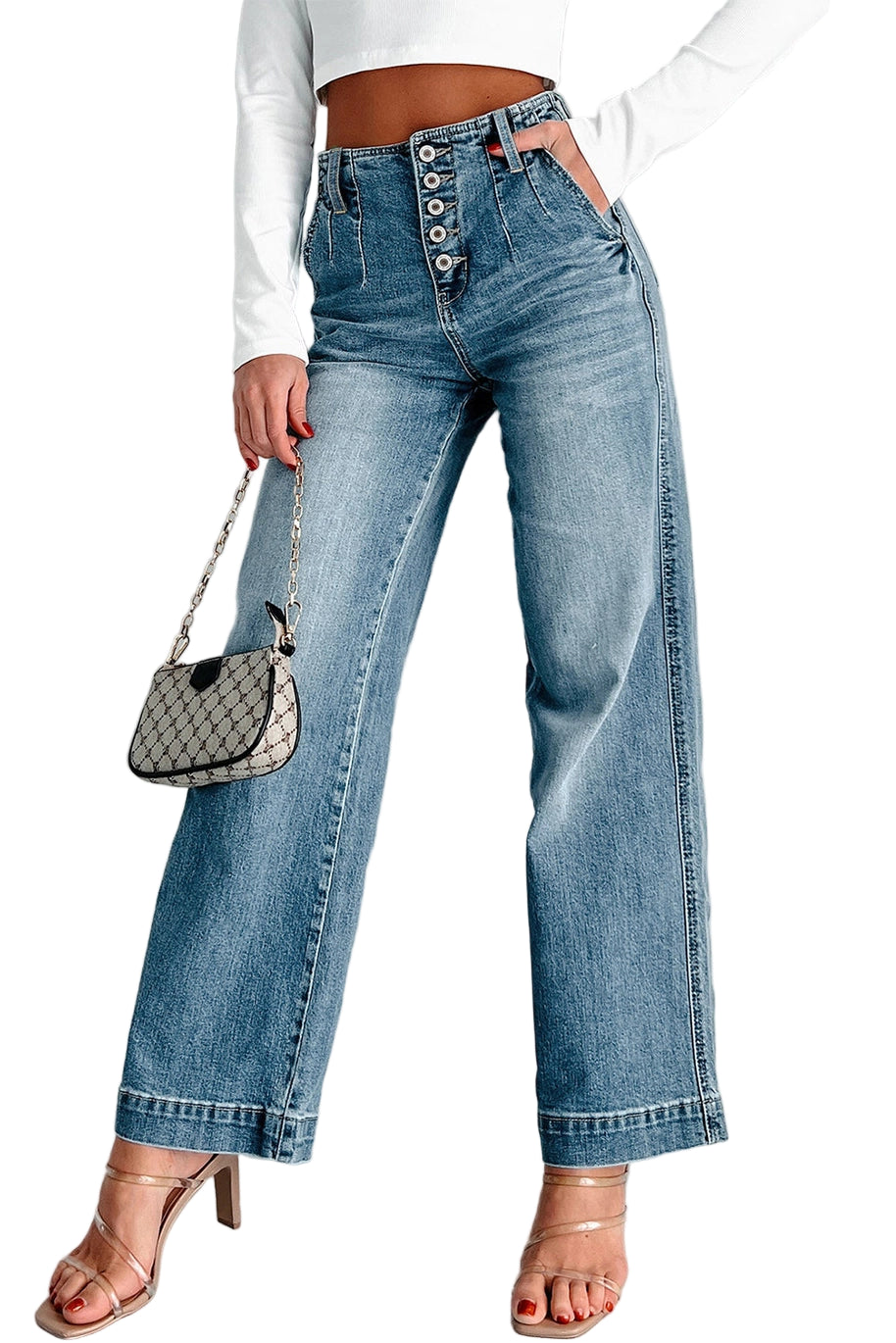 Multi Buttons Straight Loose Leg Jeans