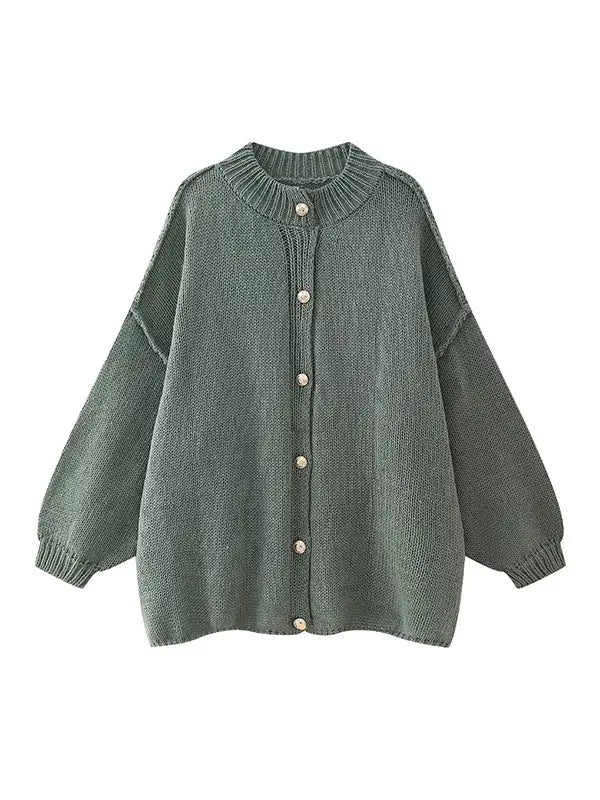 Green Loose Puff Sleeve Cardigan Sweater