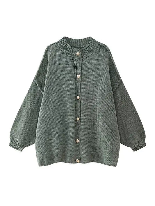 Green Loose Puff Sleeve Cardigan Sweater