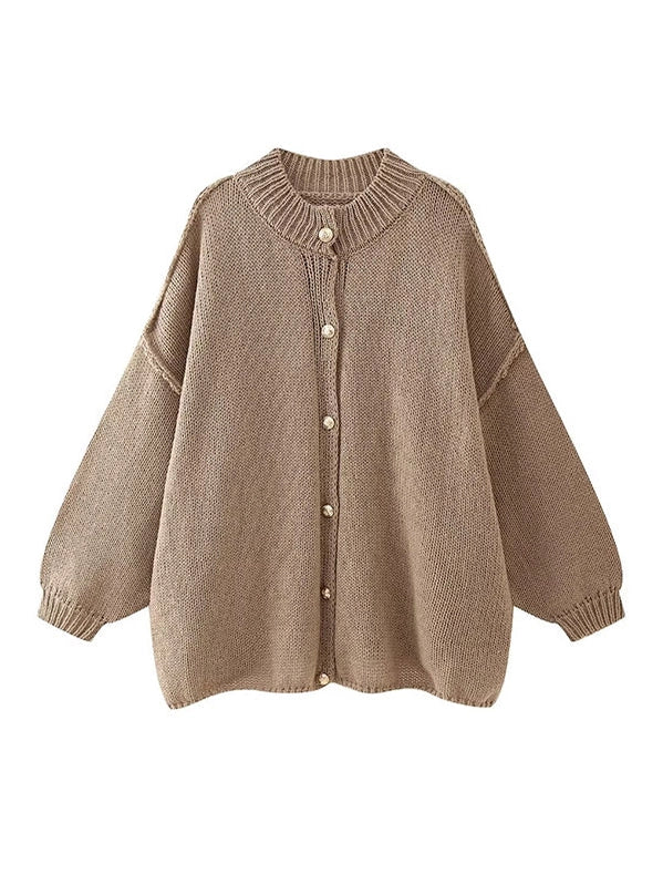 Khaki Loose Puff Sleeve Cardigan Sweater