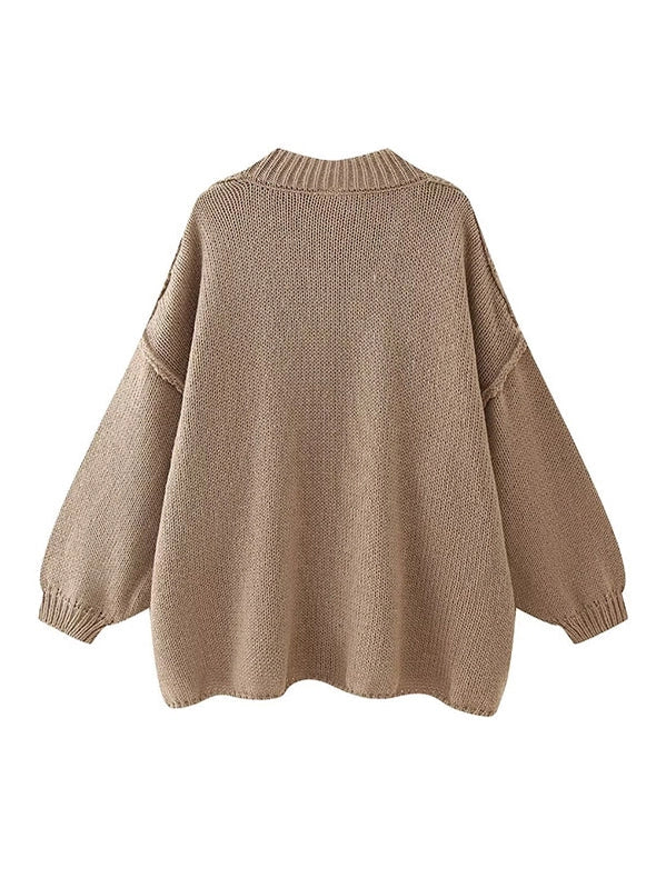 Green Loose Puff Sleeve Cardigan Sweater